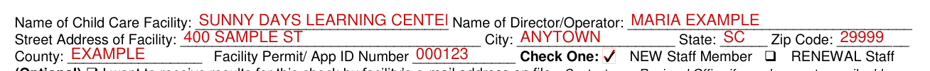 DSS Form 2924 example filled out, name of Child Care Facility