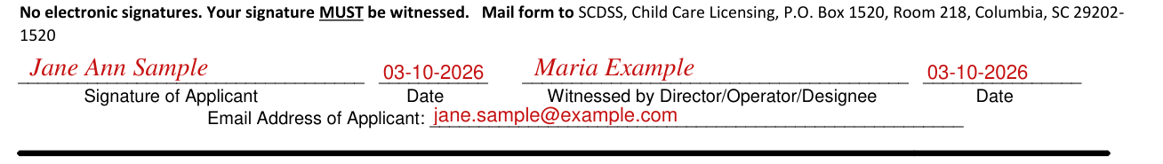 DSS Form 2924 example filled out, signature and witness