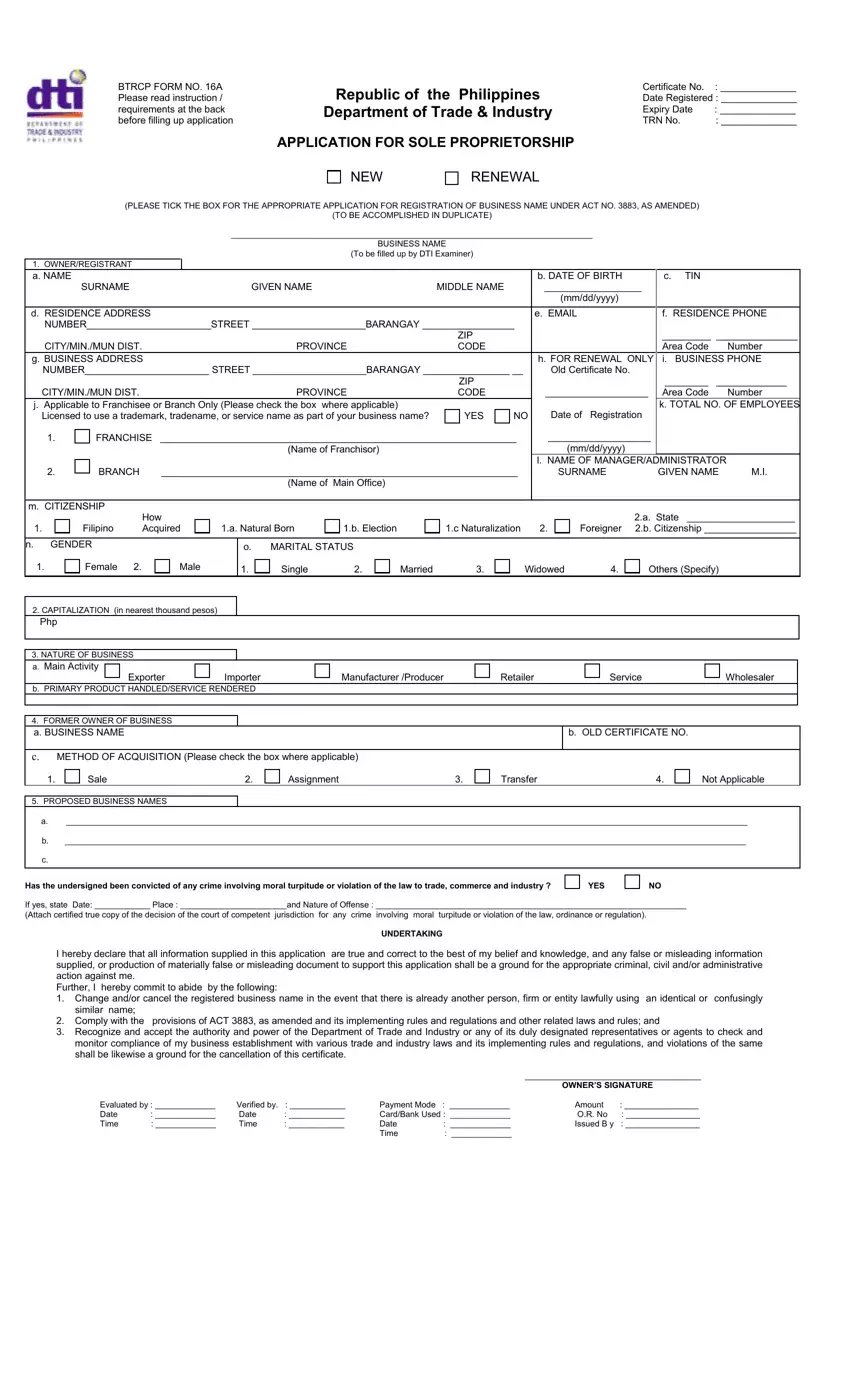 Dti Application Form first page preview