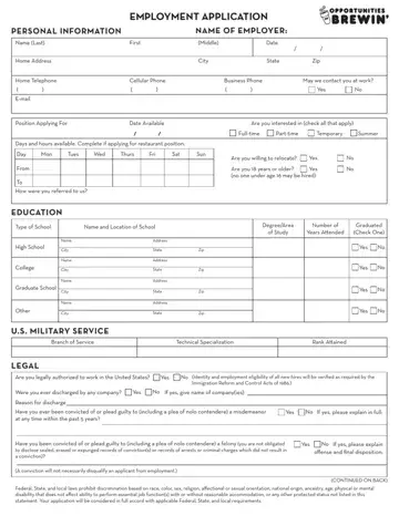 Dunkin Donuts Job Application Form Preview
