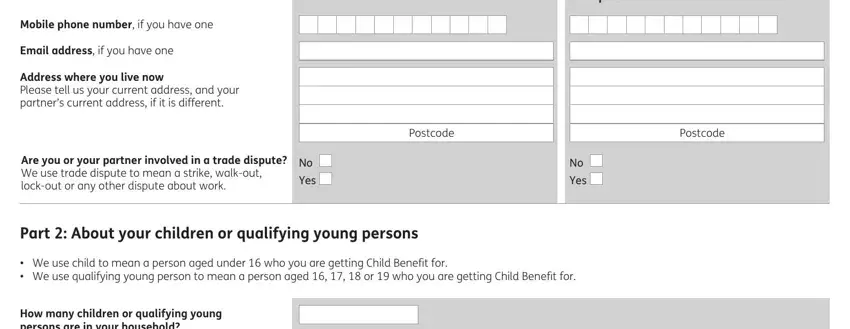 fill an application on line for a social fund You, Your partner, Mobile phone number if you have one, Email address if you have one, Address where you live now Please, Postcode, Postcode, Are you or your partner involved, Yes, Yes, Part  About your children or, We use child to mean a person aged, and How many children or qualifying fields to fill
