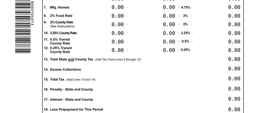 nc e500 Modular Homes, Mfg Homes, Food Rate, County Rate See Instructions, County Rate, Transit County Rate  Transit, Total State and County Tax Add Tax, Excess Collections, Total Tax Add Lines  and, Penalty  State and County, Interest  State and County, and Less Prepayment for This Period fields to fill out