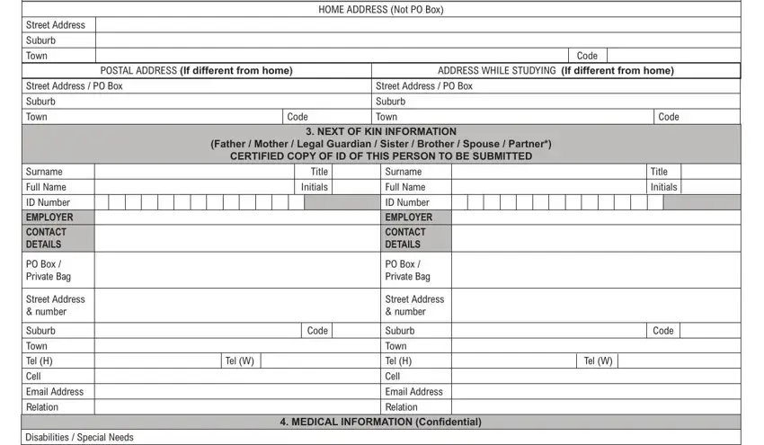 midlands college online application for 2021 closing date STUDENT ADDRESS HOME ADDRESS Not, Street Address Suburb Town, Code POSTAL ADDRESS If different, ADDRESS WHILE STUDYING If, Street Address  PO Box Suburb Town, Street Address  PO Box Suburb Town, Code, Code, NEXT OF KIN INFORMATION Father, Surname Full Name ID Number, EMPLOYER CONTACT DETAILS, PO Box  Private Bag, Street Address  number, Suburb Town Tel H Cell Email, and Disabilities  Special Needs fields to complete