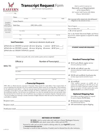Eastern Washington University Transcript Form Preview
