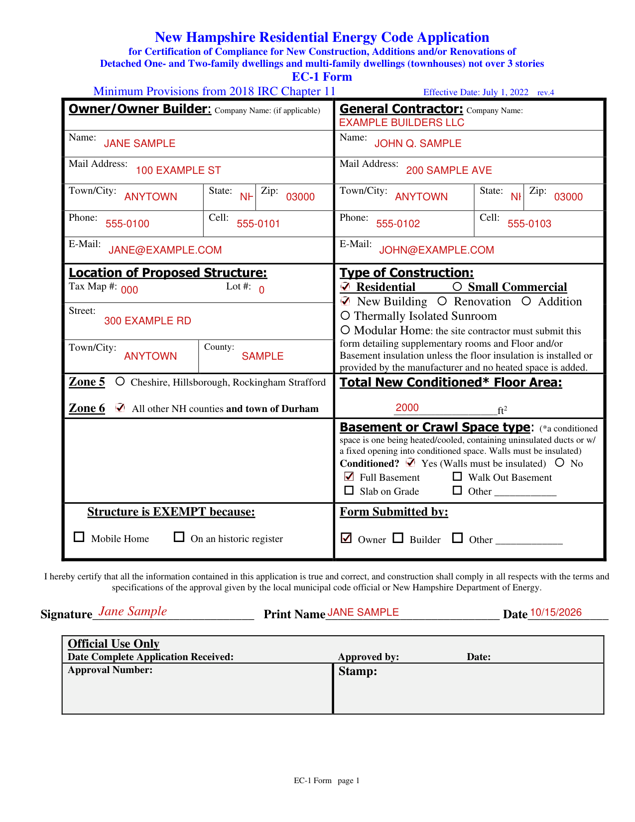 Form EC-1 example filled out, example: an owner files the EC-1 for a new house in Zone 6
