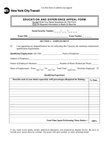 Education Experience Appeal Form Preview