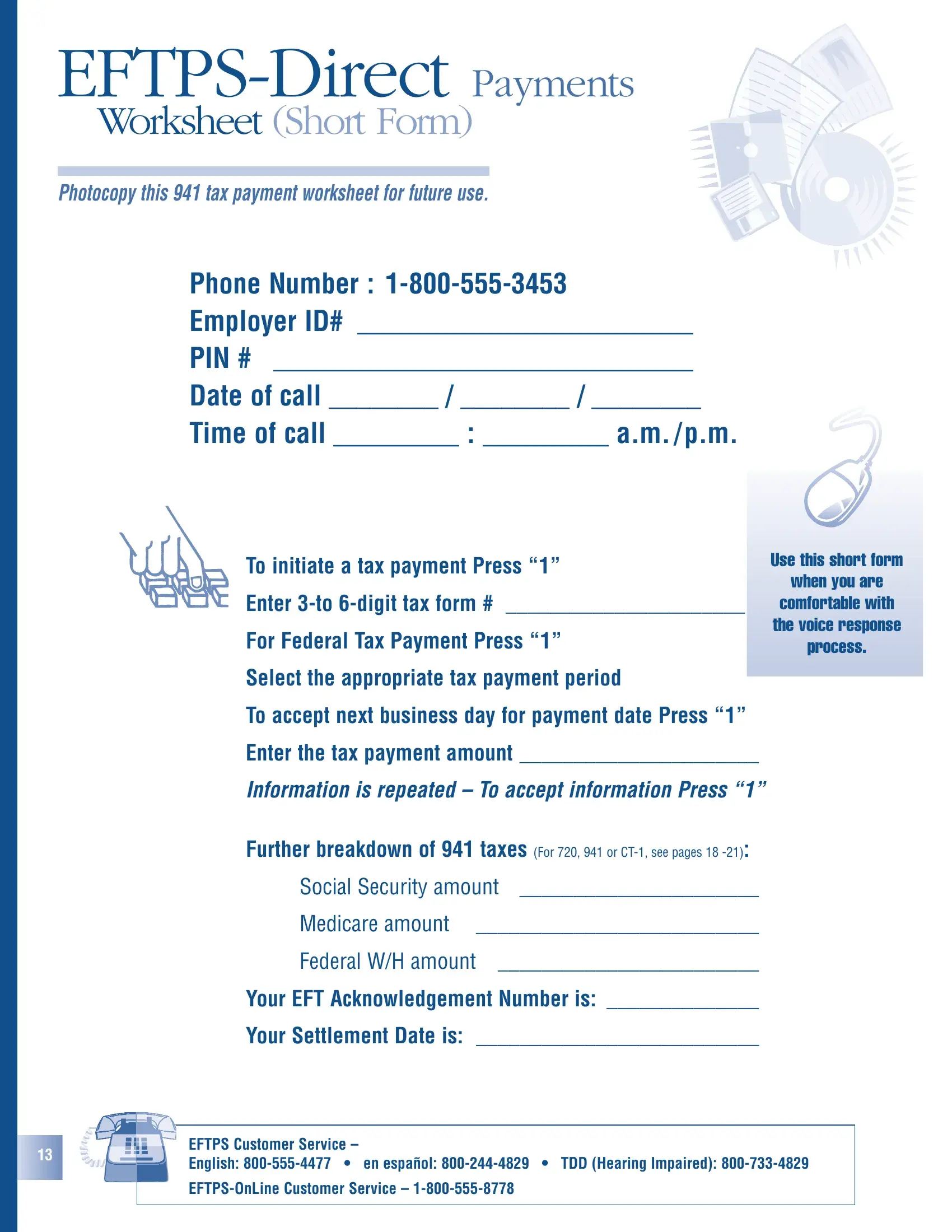 Eftps Payment Worksheet Form Preview