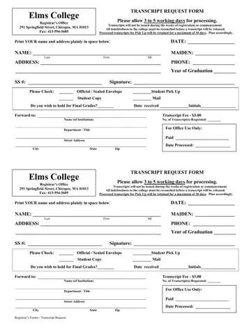 Elms College Transcript Request Form Preview