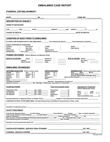 Embalming Case Report Form Preview