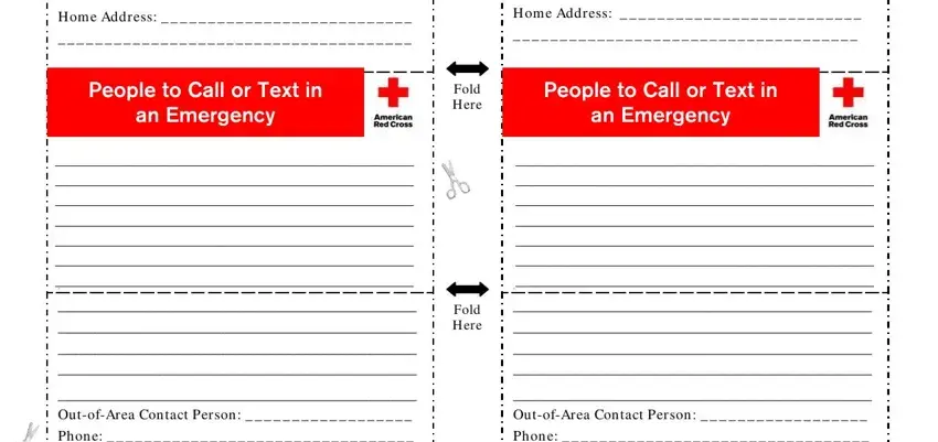 emergency card pdf Hom e Address, Hom e Address, People to Call or Text in an, Fold Here, People to Call or Text in an, OutofArea Contact, OutofArea Contact, and Fold Here fields to fill out