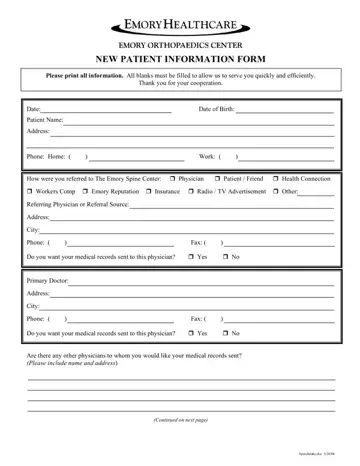 Emory Healthcare New Patient Form Preview