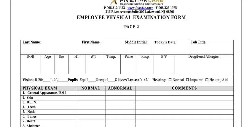 Entering details in physical exam form for work stage 3