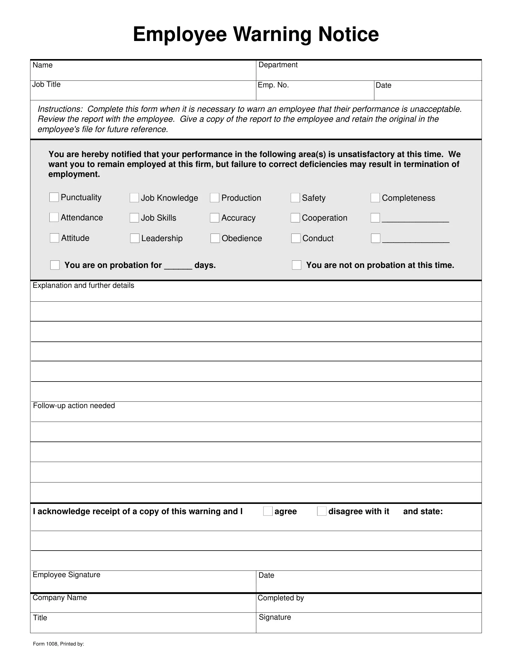 Employee Warning Notice Form Fill Out Printable PDF Forms Online