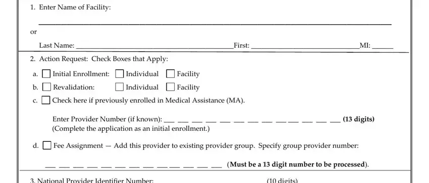 dpw promise ActionRequestCheckBoxesthatApply, InitialEnrollment, Individual, Facility, Individual, Revalidation, Facility, EnterProviderNumberifknowndigits, and Mustbeadigitnumbertobeprocessed fields to insert