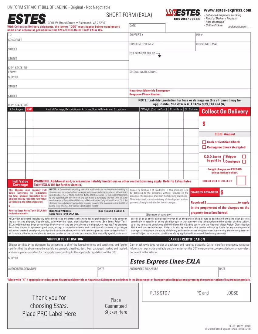 Estes Express Bill Of Lading Form first page preview
