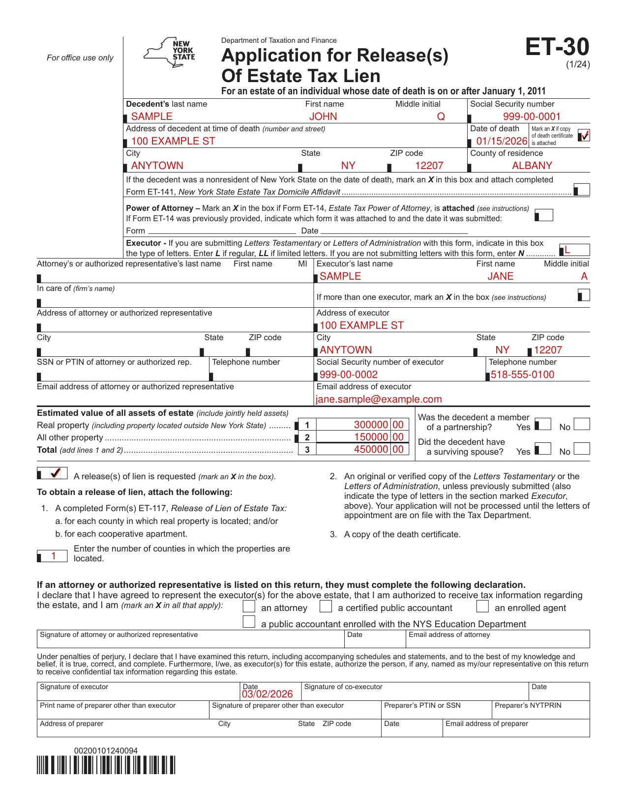 Form ET-30 example filled out, example: an executor applies for a lien release