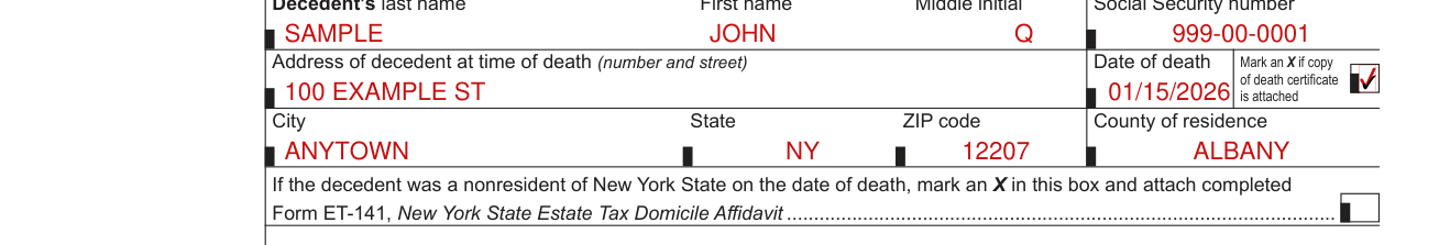 Form ET-30 example filled out, the decedent