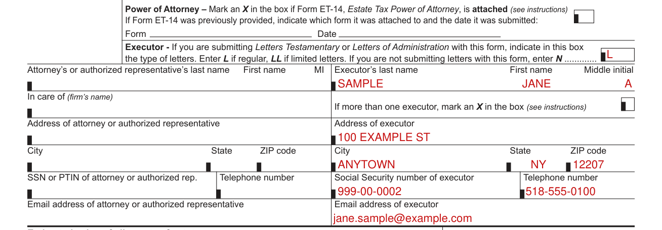 Form ET-30 example filled out, the executor and the letters