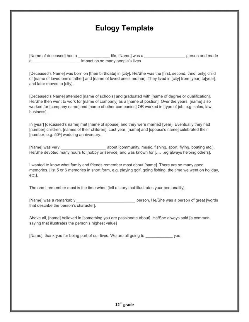 Eulogy Template Fill Out Printable PDF Forms Online