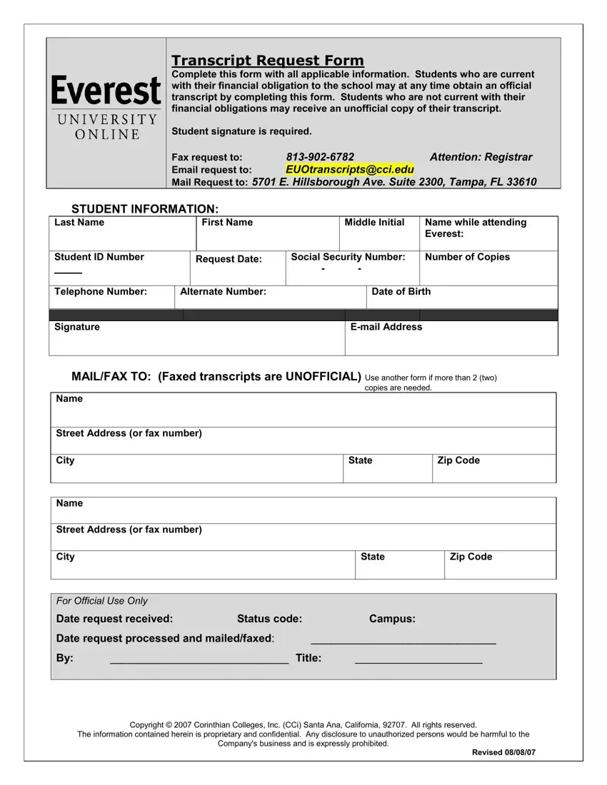 Everest University Transcript Form first page preview