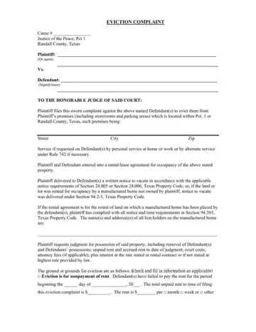 Eviction Complaint Form Preview