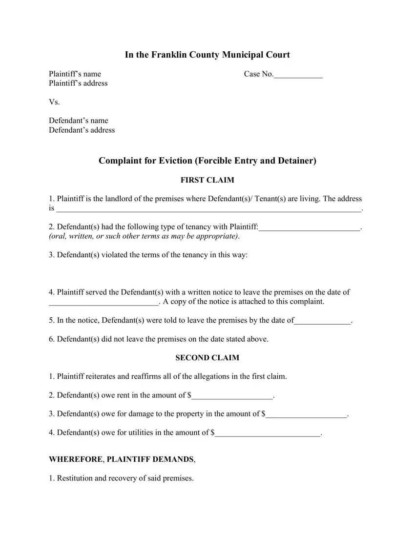 Eviction Complaint Franklin County first page preview