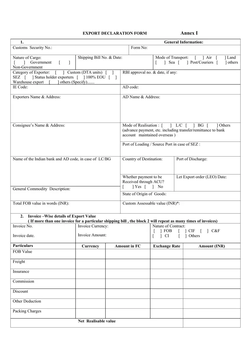 Export Decleration Form first page preview