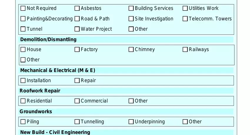 f10 construction NotRequired, Asbestos, BuildingServices, UtilitiesWork, PaintingDecorating, RoadPath, SiteInvestigation, TelecommTowers, Tunnel, WaterProject, Other, DemolitionDismantling, House, Other, and Factory fields to fill out