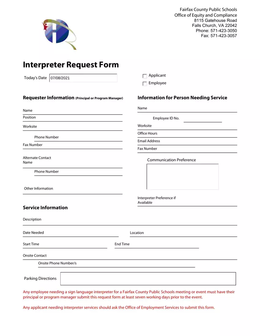Fairfax Interpreter Request Form first page preview