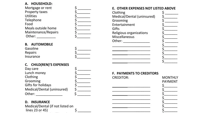 family law financial affidavit A HOUSEHOLD Mortgage or rent, B AUTOMOBILE Gasoline Repairs, C CHILDcidRENcid EXPENE Day care, D INSURANCE MedicalDental if not, E OTHER EXPENSES NOT LISTED ABOVE, F PAYMENTS TO CREDITORS CREDITOR, and MONTHLY PAYMENT fields to complete