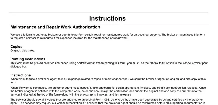 Maintenance and Repair Work, Instructions, We use this form to authorize, Copies Original plus three, Printing Instructions This form, Instructions When we authorize a, When the work is completed the, and The servicer should pay all in winterization notice fannie mae template