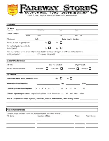 Fareway Job Application Form Preview