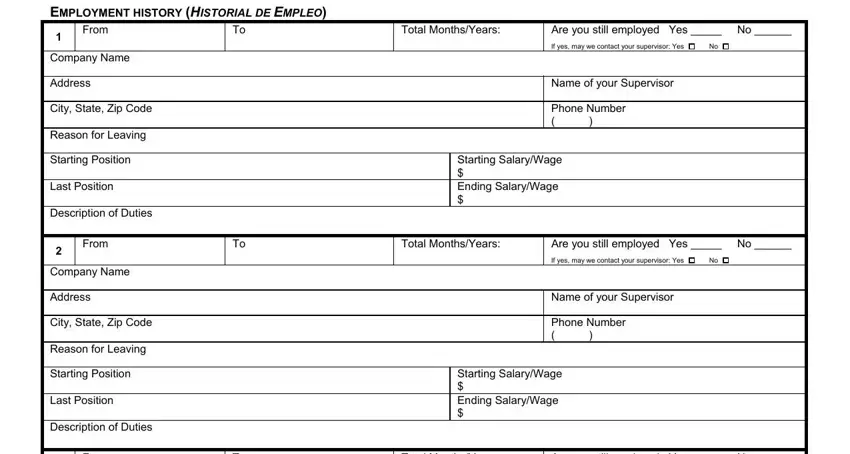 fatburger medicine hat jobs EMPLOYMENT HISTORY HISTORIAL DE, From, Company Name, Address, City State Zip Code, Reason for Leaving, Starting Position, Last Position, Description of Duties, From, Company Name, Address, City State Zip Code, Reason for Leaving, and Starting Position fields to fill