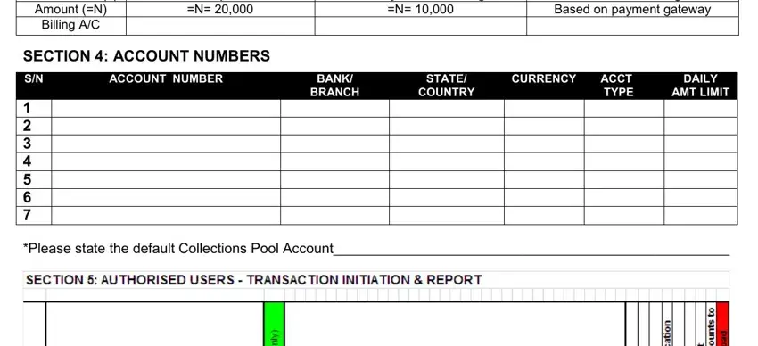 fcmb online banking MonthlyAccessCharge, TransactionCharges, Basedonpaymentgateway, AmountNBillingAC, SetupFeeN, SECTIONACCOUNTNUMBERSSN, ACCOUNTNUMBER, BANKBRANCH, STATE, COUNTRY, CURRENCY, DAILY, AMTLIMIT, and ACCTTYPE blanks to insert