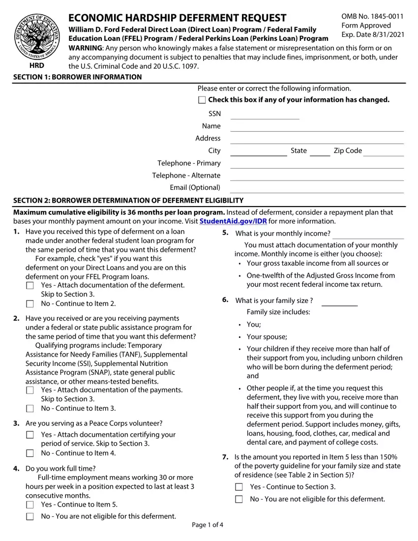 Federal Loan Economic Hardship Request first page preview