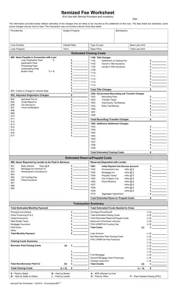 Fee Worksheet Template Preview