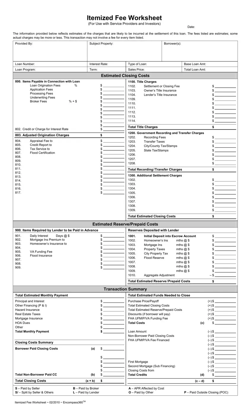 Fee Worksheet Template first page preview