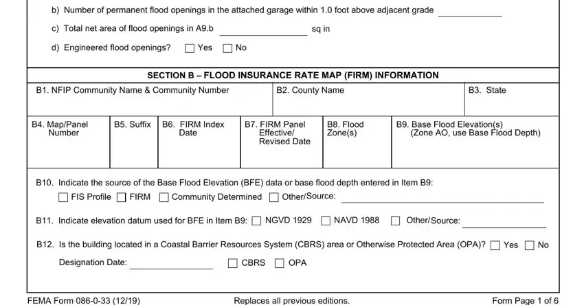 fema elevation printable b Number of permanent flood, c Total net area of flood openings, sq in, d Engineered flood openings, Yes, B NFIP Community Name  Community, B County Name, B State, SECTION B  FLOOD INSURANCE RATE, B MapPanel Number, B Suffix, B FIRM Index Date, B FIRM Panel Effective Revised Date, B Flood Zones, and B Base Flood Elevations Zone AO blanks to insert