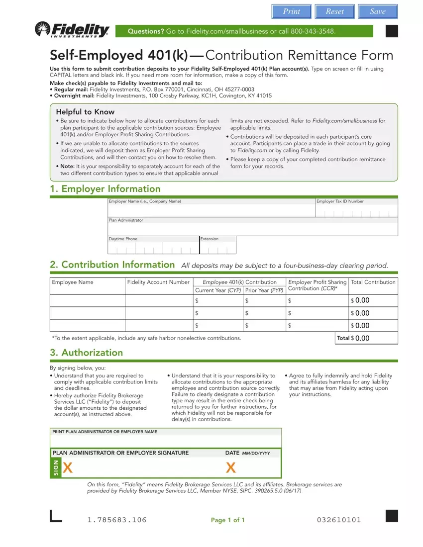 Fidelity Self Employed 401 K Form first page preview