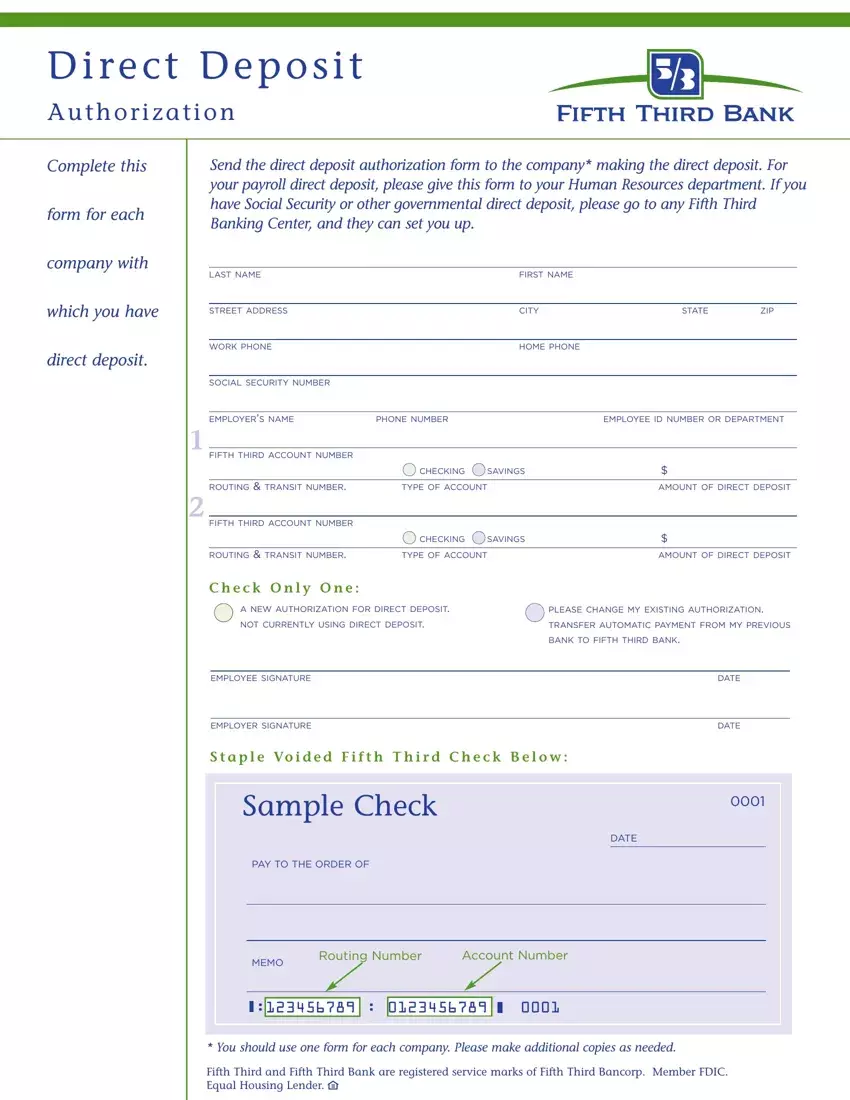 Fifth Third Bank Direct Deposit Form first page preview