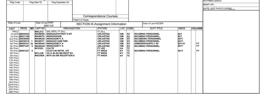 air force erb HIVYRMO, RGMT AFL, DATE LAST PHOTO, AEADt, Flag Code, Flag Start Dt, Flag Expiration Dt, Date of Loss, Date of Last PCS, SECTION IXAssignment Information, Date of Last NCOER, Correspondence Courses, Total  of Hours, FROM MO UNIT NO WLX WAWD WAWT WAWA, and WLJB WUXBA blanks to insert