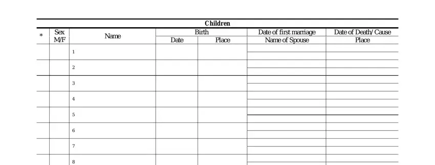 tree forms fill blank Sex MF, Name, Children, Birth, Date, Place, Date of first marriage Name of, and Date of Death Cause Place blanks to insert