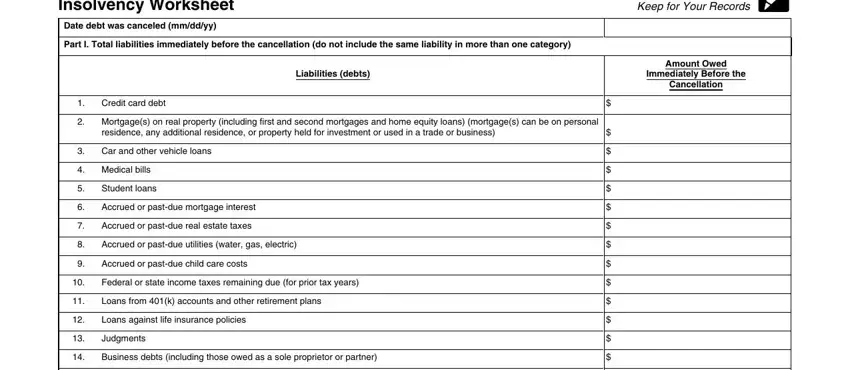 step 1 to filling in cancellation of debt 1040 form insolvency