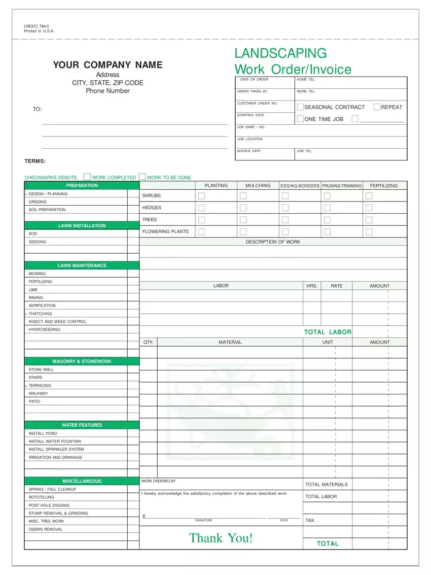 Fillable Landscaping Invoice first page preview