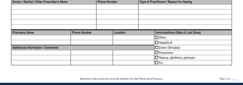 blank fillable medication form Doctor  Dentist  Other Prescribers, Phone Number, Type of Practitioner  Reason for, Pharmacy Name, Phone Number, Location, Immunizations Date of Last Dose, Additional Information  Comments, Other, Hepatitis B, Zoster Shingles, Pneumonia, Tetanus diphtheria pertussis, Flu, and Reprinted with permission from the fields to fill out