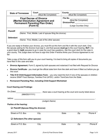 Final Divorce Order Tennessee Form Preview