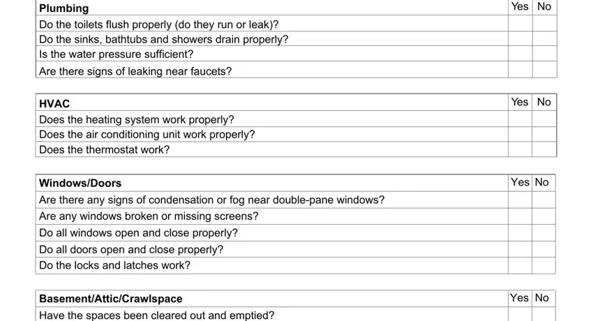 new construction final walk through checklist pdf Plumbing Do the toilets flush, Are there signs of leaking near, HVAC Does the heating system work, WindowsDoors Are there any signs, Are any windows broken or missing, Do all doors open and close, BasementAtticCrawlspace Have the, Yes No, Yes No, Yes No, and Yes No fields to fill