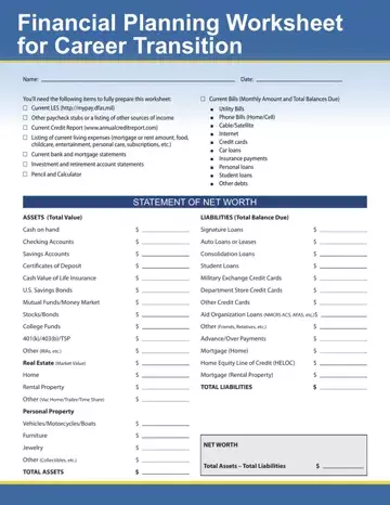 Financial Planning Worksheet For Career Preview