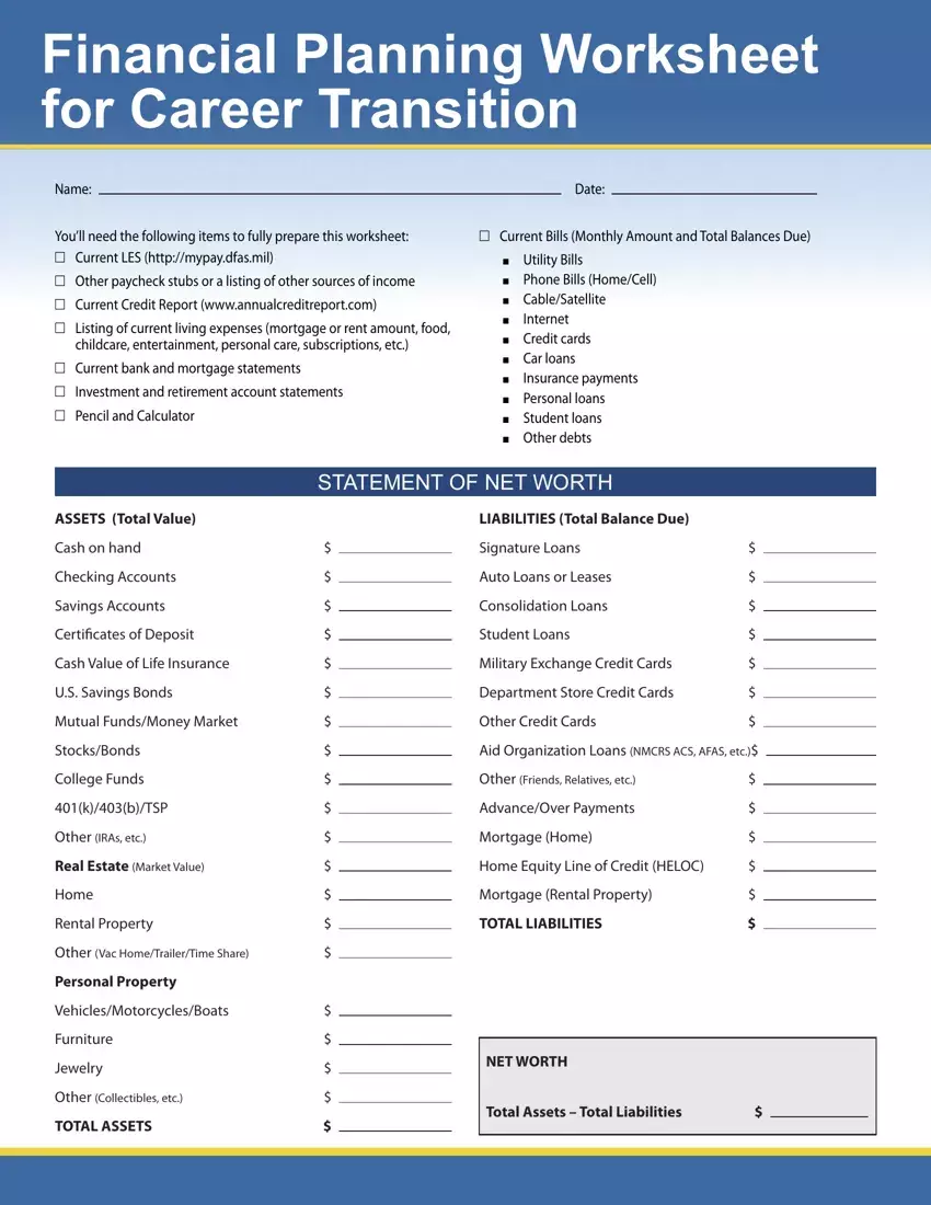 Financial Planning Worksheet For Career first page preview