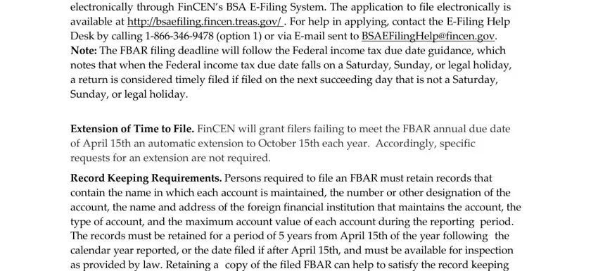 Fincen Form 114 When and Where to File The FBAR is, Extension of Time to File FinCEN, and Record Keeping Requirements fields to insert